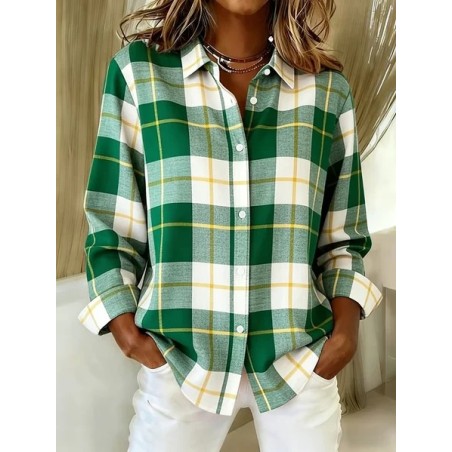 Women Plaid Shirt Collar Long Sleeve Shirt Buckle Regular Sleeve Casual Daily Spring/Fall Top