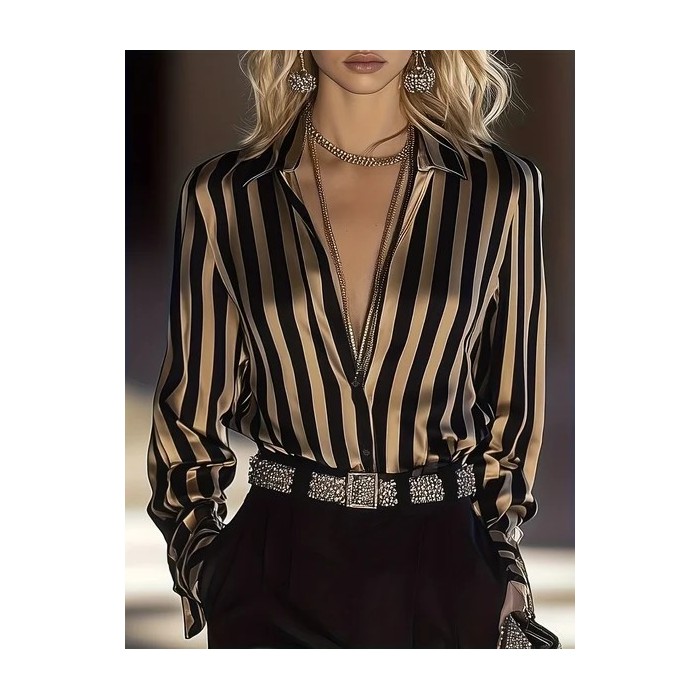 Women Striped Shawl Collar Long Sleeve Shirt Casual Daily Spring/Fall Top