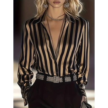 Women Striped Shawl Collar Long Sleeve Shirt Casual Daily Spring/Fall Top