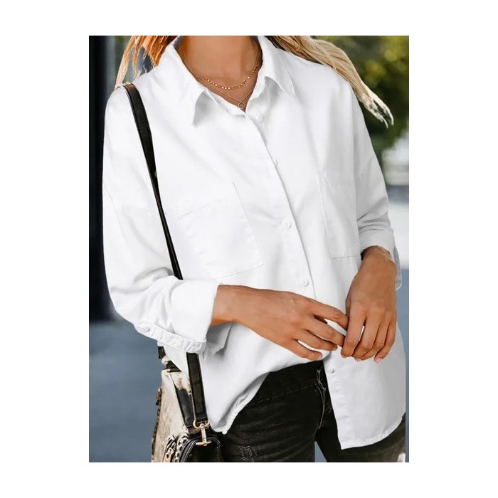 Women Plain Polo Collar Long Sleeve Shirt Split Joint Casual Daily Spring/Fall Top