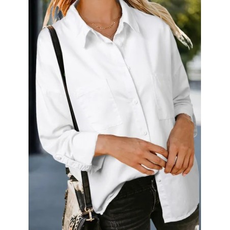 Women Plain Polo Collar Long Sleeve Shirt Split Joint Casual Daily Spring/Fall Top