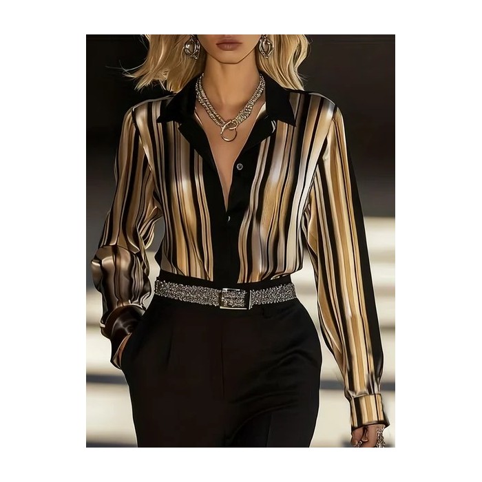 Women Striped Shawl Collar Long Sleeve Shirt Casual Daily Spring/Fall Top
