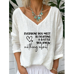 Women Letter Pattern Long Sleeve Tee T-shirt V Neck Vintage Spring/Fall Top