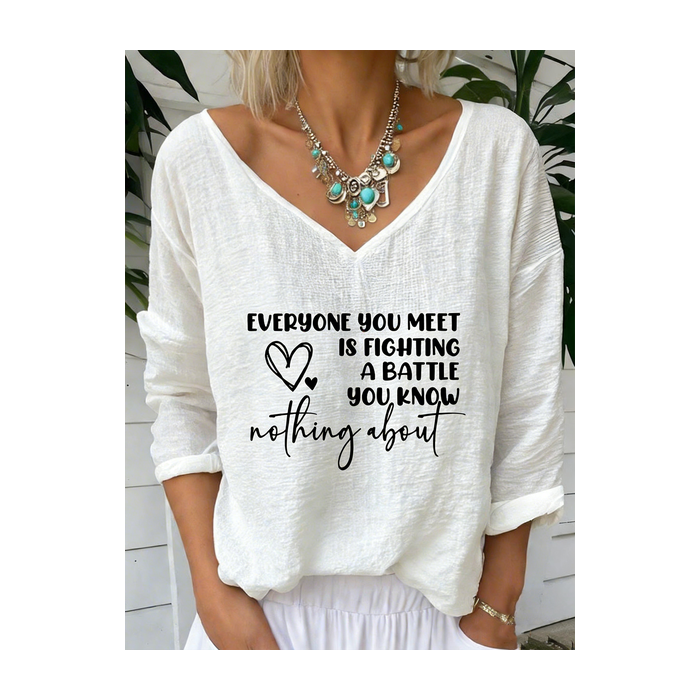 Women Letter Pattern Long Sleeve Tee T-shirt V Neck Vintage Spring/Fall Top