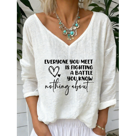 Women Letter Pattern Long Sleeve Tee T-shirt V Neck Vintage Spring/Fall Top