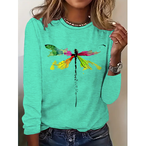 Women Dragonfly Long Sleeve Tee T-shirt Crew Neck Casual Spring/Fall Top