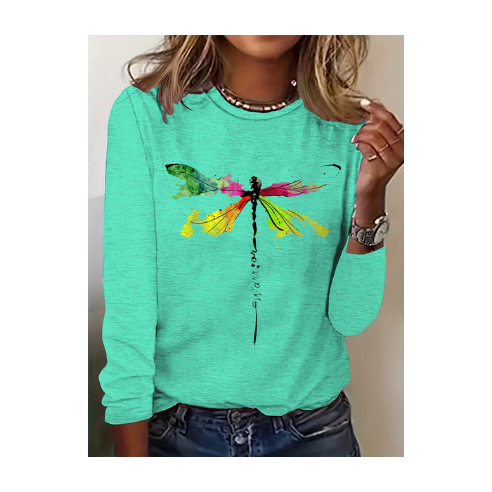 Women Dragonfly Long Sleeve Tee T-shirt Crew Neck Casual Spring/Fall Top