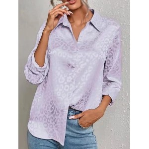 Women Leopard V Neck Long Sleeve Shirt Jacquard Casual Daily Spring/Fall Top