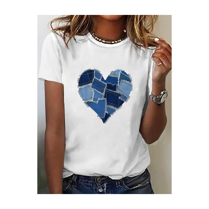 Women Heart/Cordate Short Sleeve Tee T-shirt Crew Neck Printing Casual Graphic Tee Summer Top