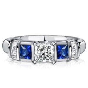 Italo Princess Cut Blue Sapphire Three Stone Engagement Ring For Women