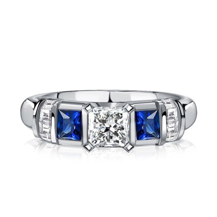 Italo Princess Cut Blue Sapphire Three Stone Engagement Ring For Women