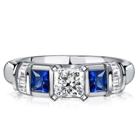 Italo Princess Cut Blue Sapphire Three Stone Engagement Ring For Women