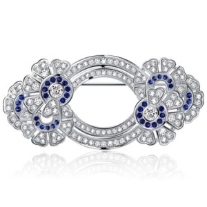 Italo Double Circle Round Cut White & Blue Sapphire Vintage Brooch For Women