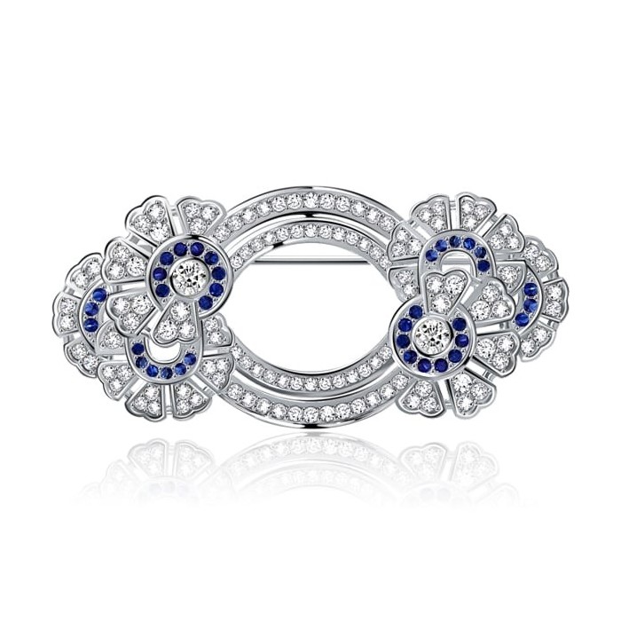 Italo Double Circle Round Cut White & Blue Sapphire Vintage Brooch For Women