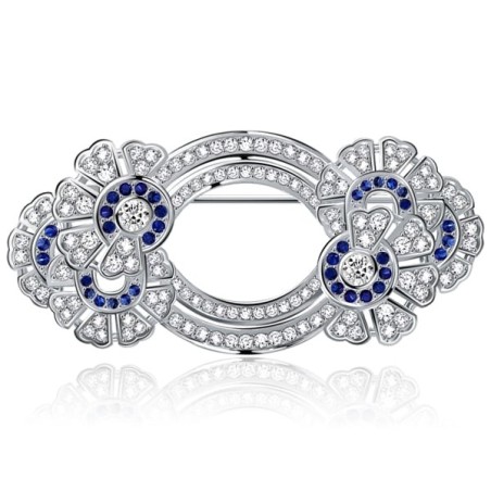 Italo Double Circle Round Cut White & Blue Sapphire Vintage Brooch For Women