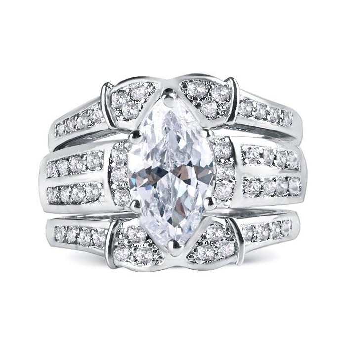 Italo Marquise Cut Engagement Ring Set Silver 3PC Wedding Set