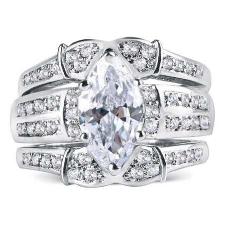 Italo Marquise Cut Engagement Ring Set Silver 3PC Wedding Set