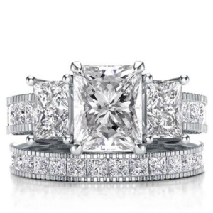 Italo Three Stone Milgrain Created White Sapphire Bridal Set