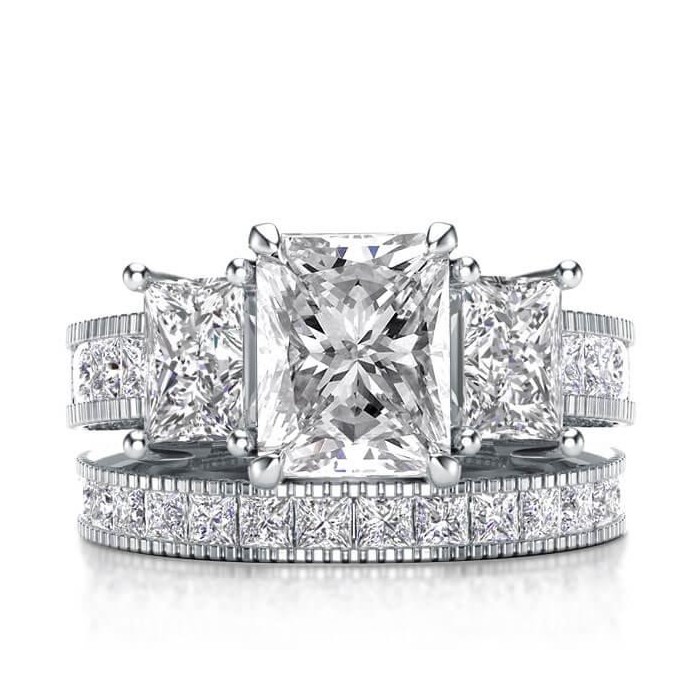 Italo Three Stone Milgrain Created White Sapphire Bridal Set