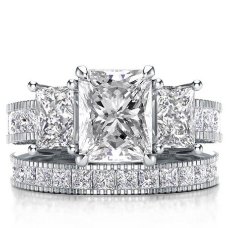 Italo Three Stone Milgrain Created White Sapphire Bridal Set