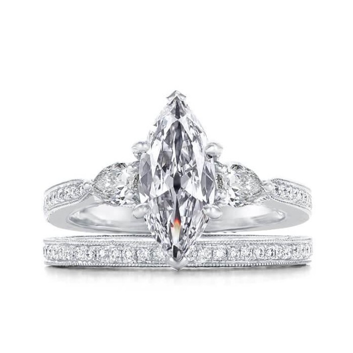 Italo Three Stone Milgrain Created White Sapphire Bridal Set