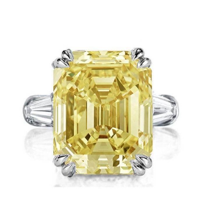 Three Stone Emerald Cut Yellow Topaz Engagement Ring