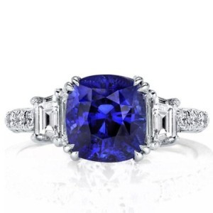 Three Stone Double Prong Blue Sapphire Cushion Cut Engagement Ring