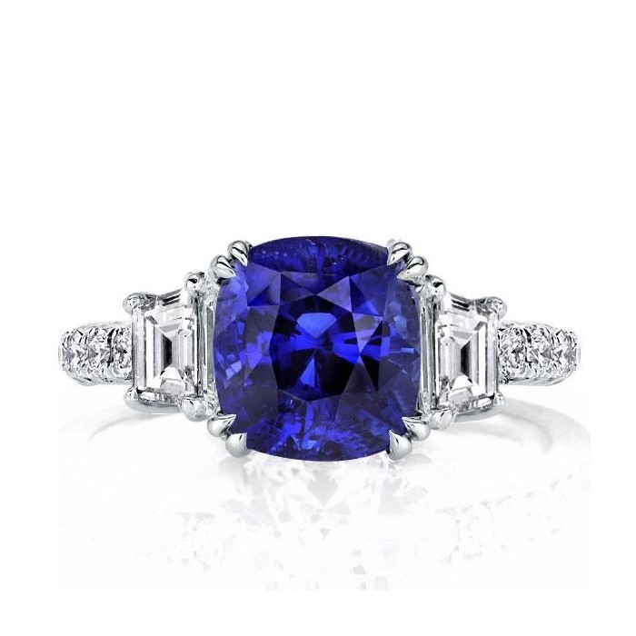 Three Stone Double Prong Blue Sapphire Cushion Cut Engagement Ring