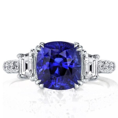 Three Stone Double Prong Blue Sapphire Cushion Cut Engagement Ring