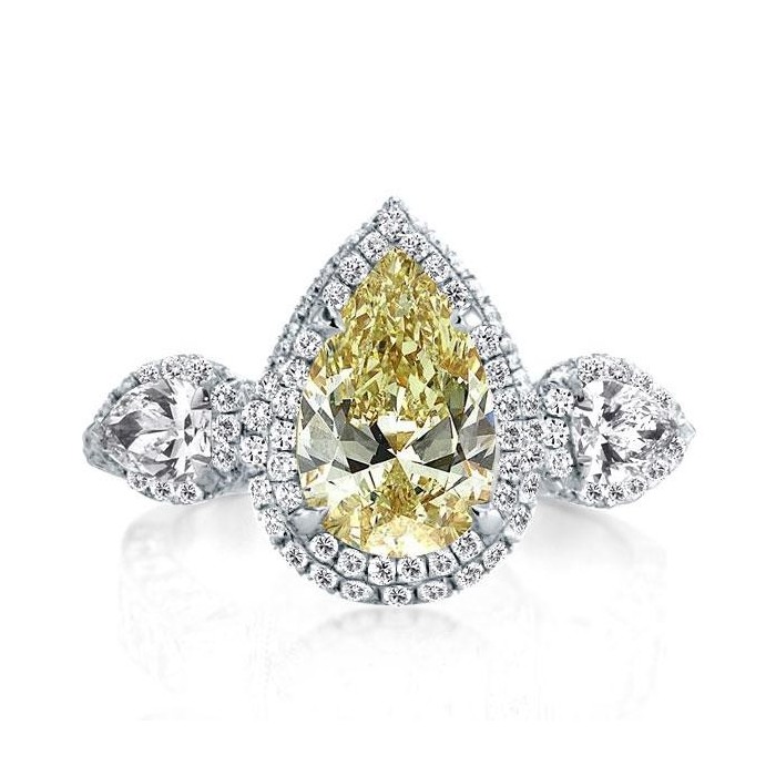 Three Stone Halo Pear Yellow Topaz Engagement Ring