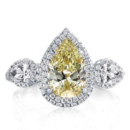 Three Stone Halo Pear Yellow Topaz Engagement Ring