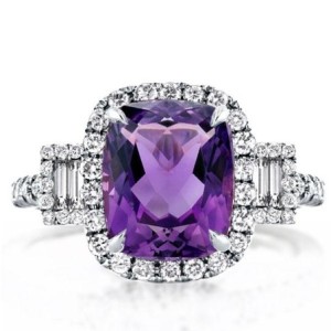 Three Stone Cushion Cut Halo Amethyst Engagement Ring
