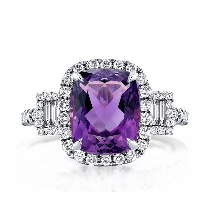 Three Stone Cushion Cut Halo Amethyst Engagement Ring