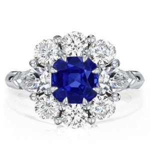 Flower Design Cushion Cut Blue Sapphire Engagement Ring