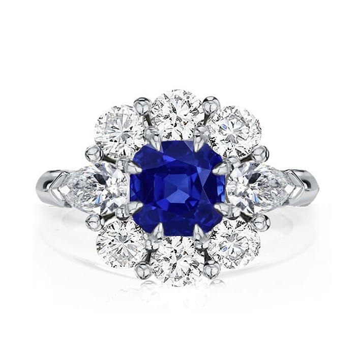 Flower Design Cushion Cut Blue Sapphire Engagement Ring