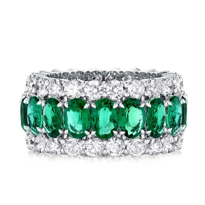 Eternity Triple Row Green Oval & Round Cut Wedding Band