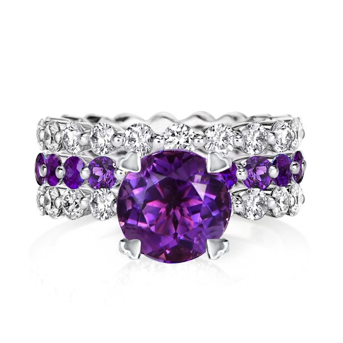 Round Cut Purple & White Sapphire Eternity 3PC Wedding Set