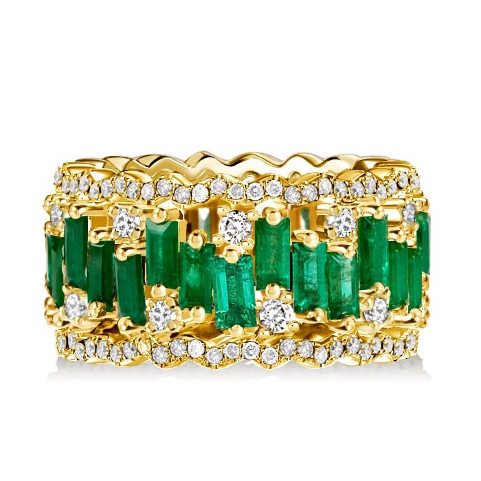 Italo Golden Triple Row Baguette Cut Emerald Wedding Band
