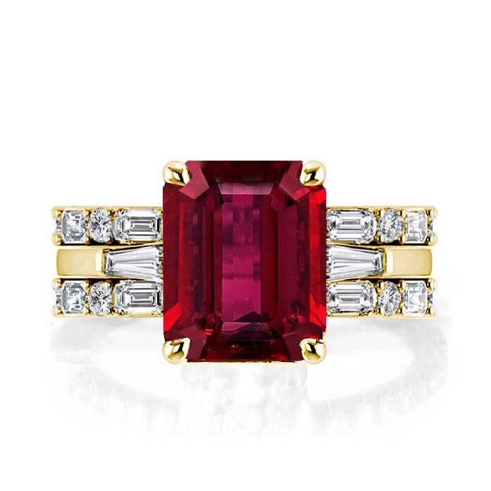 Italo Ruby Ring Emerald Cut Travel Engagement Ring set 3PC Wedding Set