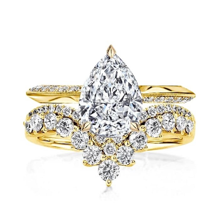 Golden Pear Cut Unique Engagement Rings Sets Bridal Set