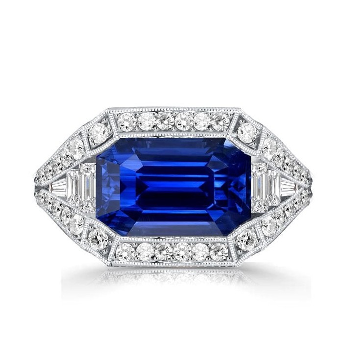 Italo Emerald Cut Blue Sapphire Engagement Ring Vintage Ring