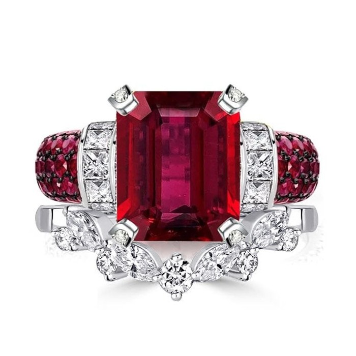 Italo Ruby Emerald Cut Vintage Engagement Rings Sets Bridal Set