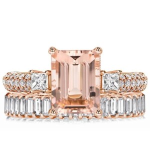 Italo Rose Gold Morganite Emerald Cut Wedding Ring Set Bridal Set