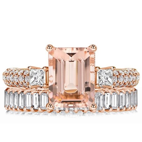 Italo Rose Gold Morganite Emerald Cut Wedding Ring Set Bridal Set