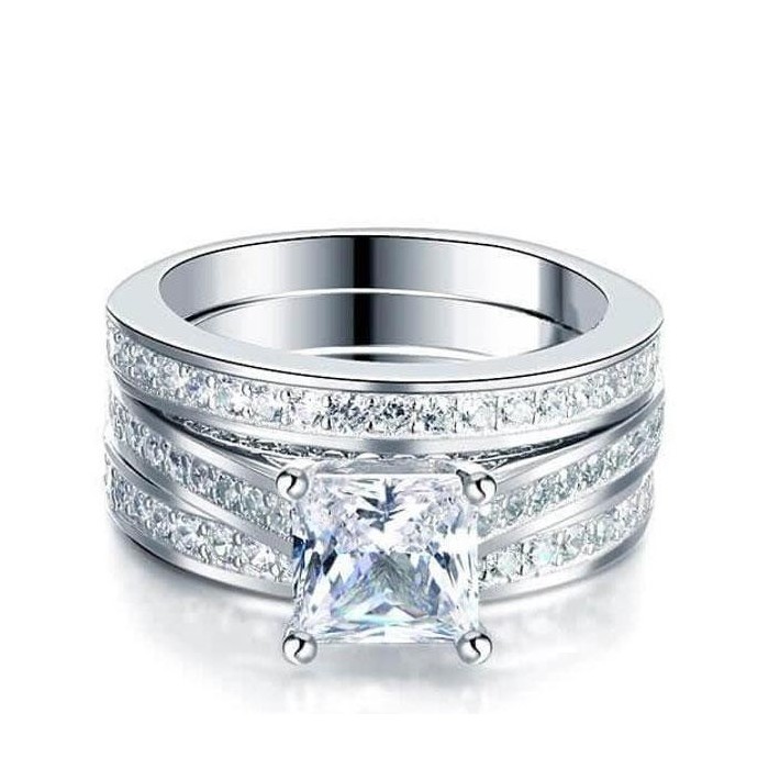 Italo Princess Cut Engagement Ring Silver 3PC Wedding Set