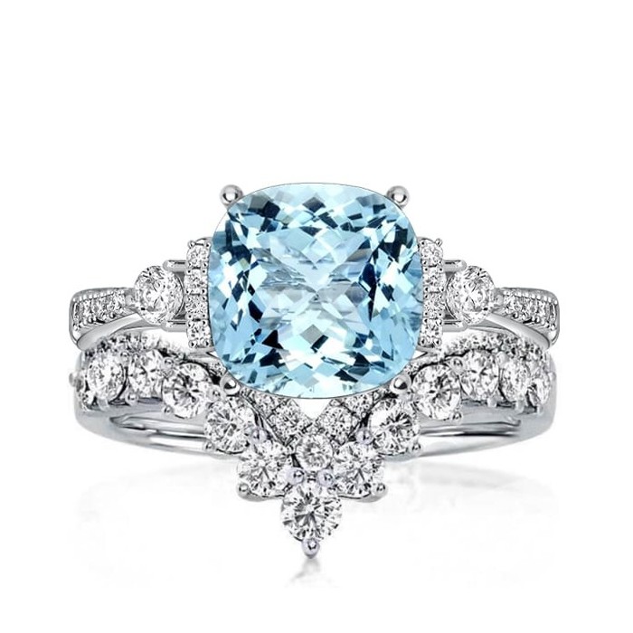 Italo Aquamarine Cushion Cut Engagement Rings Sets Bridal Set