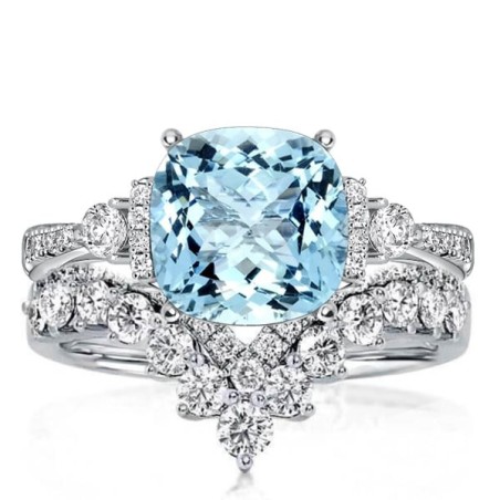 Italo Aquamarine Cushion Cut Engagement Rings Sets Bridal Set