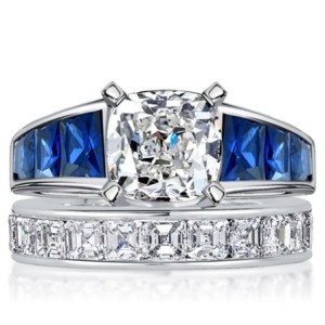 Italo Cushion Cut White & Blue Sapphire Engagement Ring Sets
