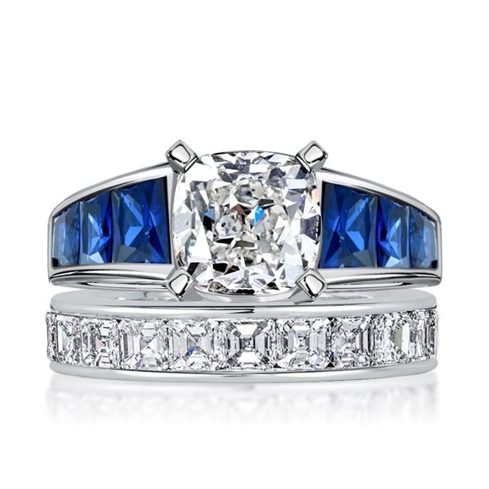Italo Cushion Cut White & Blue Sapphire Engagement Ring Sets