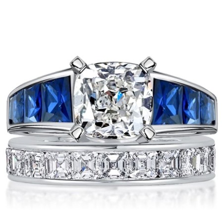 Italo Cushion Cut White & Blue Sapphire Engagement Ring Sets
